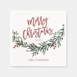 Modern Red Script Merry KerstGreenery Servet