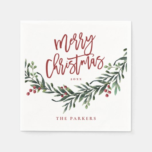 Modern Red Script Merry KerstGreenery Servet (Voorkant)
