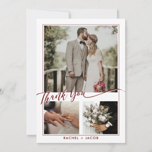 Modern Red Script Overlay Photo Collage Wedding Bedankkaart (Voorkant)