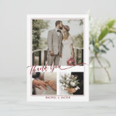 Modern Red Script Overlay Photo Collage Wedding Bedankkaart (Staand voorkant)