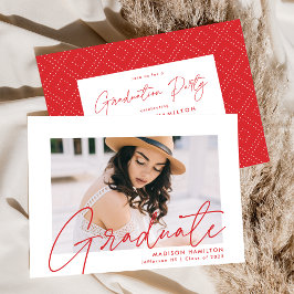Modern Red Script Photo Graduation Party Kaart