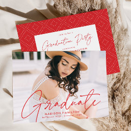 Modern Red Script Photo Graduation Party Kaart