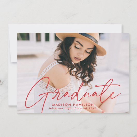 Modern Red Script Photo Graduation Party Kaart (Voorkant)