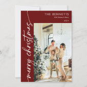 Modern Red Script Vrolijk Kerstfeest 5 Foto Feestdagenkaart (Voorkant)