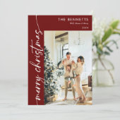 Modern Red Script Vrolijk Kerstfeest 5 Foto Feestdagenkaart (Staand voorkant)