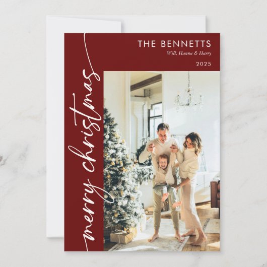 Modern Red Script Vrolijk Kerstfeest 5 Foto Feestdagenkaart (Voorkant)