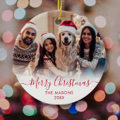 Modern Red Script White2 Foto Vrolijk Kerstfeest Keramisch Ornament