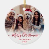 Modern Red Script White2 Foto Vrolijk Kerstfeest Keramisch Ornament (Voorkant)