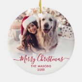 Modern Red Script White2 Foto Vrolijk Kerstfeest Keramisch Ornament (Achterkant)