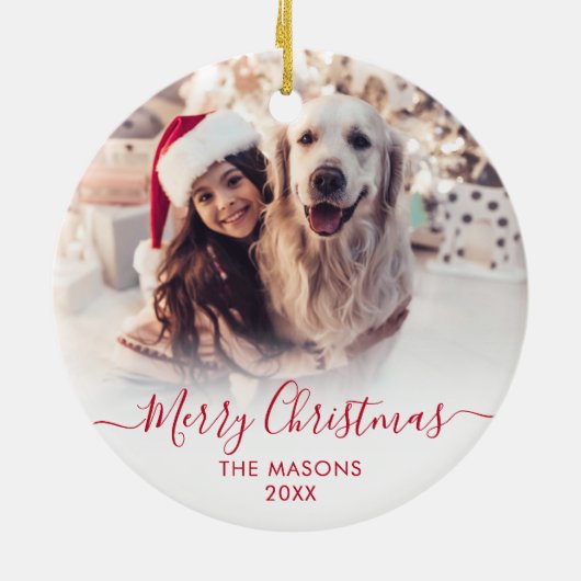 Modern Red Script White2 Foto Vrolijk Kerstfeest Keramisch Ornament (Achterkant)