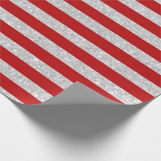 Modern Red Silver Glitter Stripes Kerstmis Cadeaupapier (Hoek)