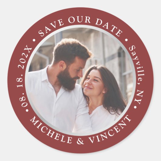 Modern Red Silver Photo Save the Date Ronde Sticker (Voorkant)