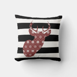 Modern Red Snow Deer Black + White Stripes Kussen