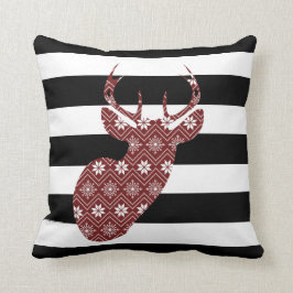 Modern Red Snow Deer Black + White Stripes Kussen