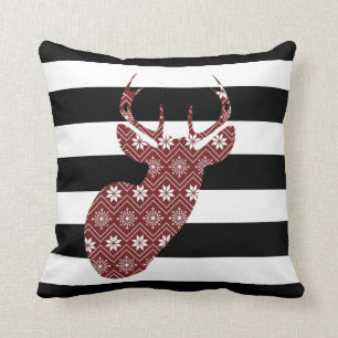 Modern Red Snow Deer Black + White Stripes Kussen