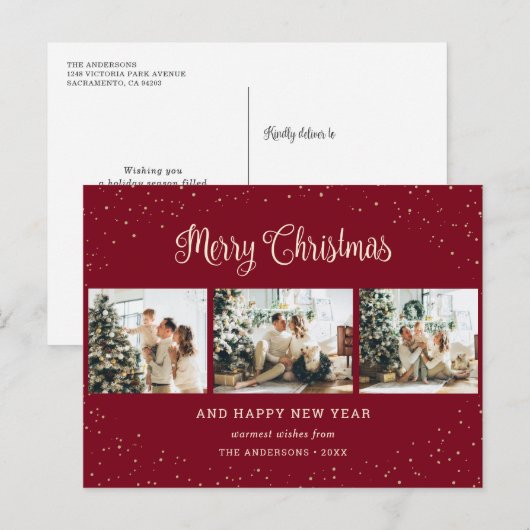 Modern Red Snow Photo Collage Merry Kerstry Feestdagenkaart (Voorkant / Achterkant)