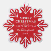 Modern Red Snowflake Merry Christmas Photo Ornament Kaart (Voorkant)