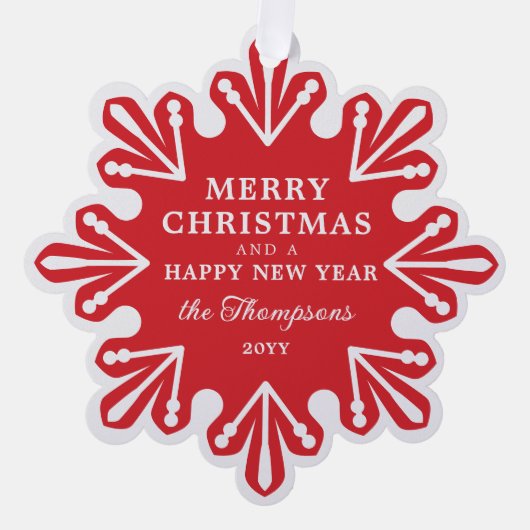 Modern Red Snowflake Merry Christmas Photo Ornament Kaart (Voorkant)