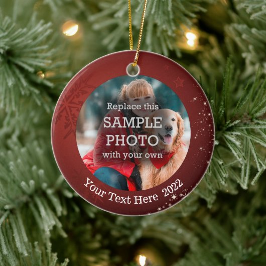 Modern Red Snowflake Stars op 2 foto Keramisch Ornament (Boom)