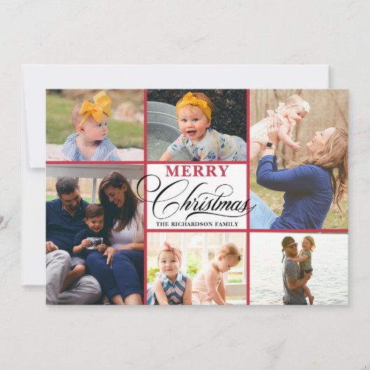 Modern Red Snowflakes Elegant Script Photo Collage Feestdagenkaart (Voorkant)