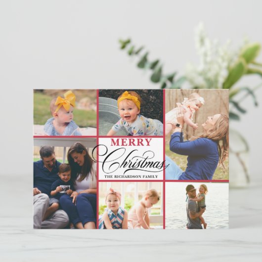 Modern Red Snowflakes Elegant Script Photo Collage Feestdagenkaart (Staand voorkant)