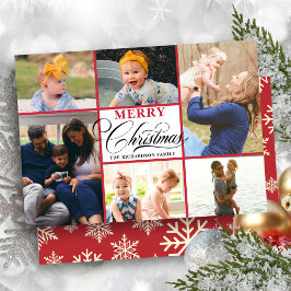 Modern Red Snowflakes Elegant Script Photo Collage Feestdagenkaart