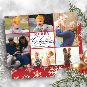 Modern Red Snowflakes Elegant Script Photo Collage Feestdagenkaart