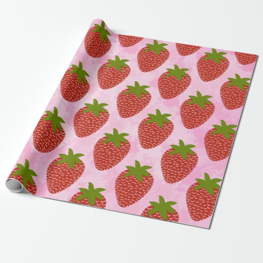 Modern Red Strawberry Pattern roze Waterverf Cadeaupapier (Uitgerold)