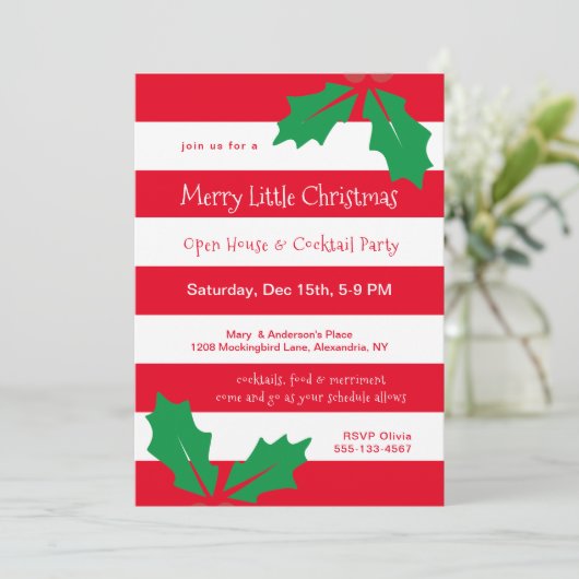 Modern Red Stripes Holly Holiday Party (Staand voorkant)