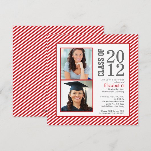 Modern Red Stripes Photo Afstuderen Invitation Kaart (Voorkant / Achterkant)