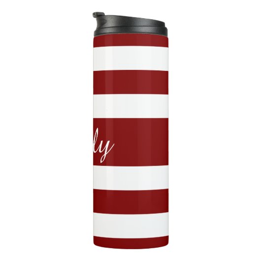 Modern Red Stripes Script Thermosbeker (Geroteerd rechts)