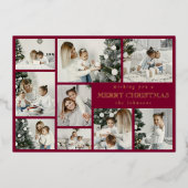 Modern Red Stylish Multi Photo Grid Holiday Card Folie Feestdagenkaart (Voorkant)