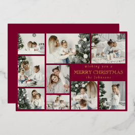 Modern Red Stylish Multi Photo Grid Holiday Card Folie Feestdagenkaart
