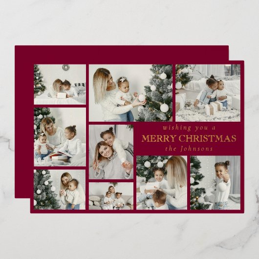 Modern Red Stylish Multi Photo Grid Holiday Card Folie Feestdagenkaart (Voorkant / Achterkant)