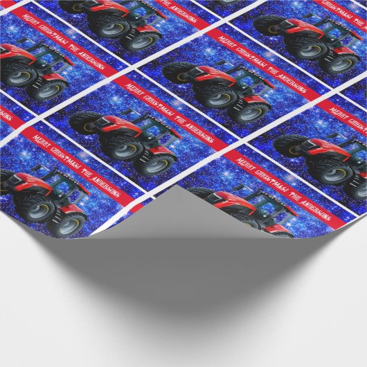 Modern Red Tractor op blauw Cadeaupapier (Hoek)