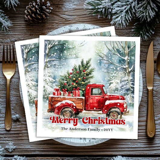 Modern red truck Christmas scene rustic napkins  Servet