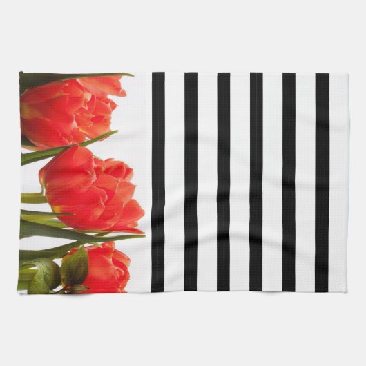 Modern Red Tulips met zwarte Stripes Kitchen Towel Theedoek (Horizontaal)