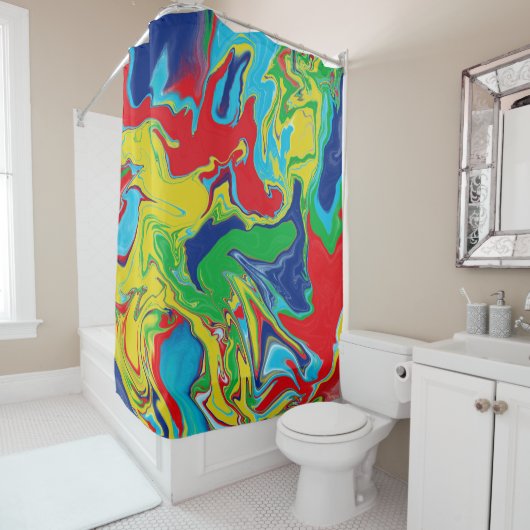 Modern Red Turquoise Blue Green Yellow Abstract Douchegordijn (In situ)