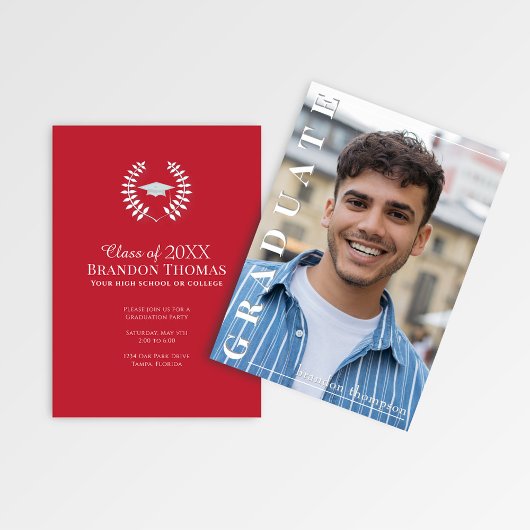 Modern Red Vertical Name Graduation Photo Card Kaart