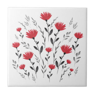 Modern Red Waterverf Floral Motif Tegeltje