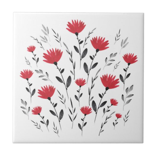 Modern Red Waterverf Floral Motif Tegeltje (Voorkant)
