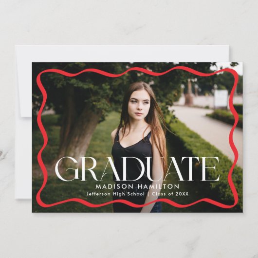 Modern Red Wavy Lijst Afstuderen 2 foto Afstuderen Aankondiging (Voorkant)
