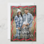 Modern Red Wavy Lijst Vrolijk Kerstfeest 3 Foto Feestdagenkaart (Voorkant)