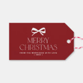 Modern red white bow minimalist Merry Christmas Cadeaulabel (Voorkant (Horizontaal))