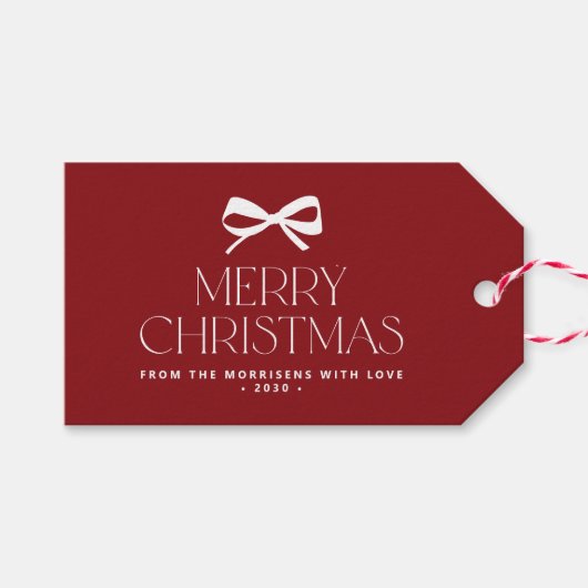 Modern red white bow minimalist Merry Christmas Cadeaulabel (Voorkant (Horizontaal))