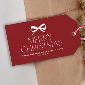Modern red white bow minimalist Merry Christmas Cadeaulabel