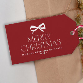 Modern red white bow minimalist Merry Christmas Cadeaulabel