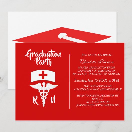 Modern Red & White Caduceus Nurse Graduation Party Kaart (Voorkant / Achterkant)