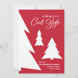 Modern Red White Cool Yule Script Geometric Trees Feestdagenkaart
