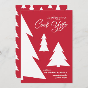 Modern Red White Cool Yule Script Geometric Trees Feestdagenkaart